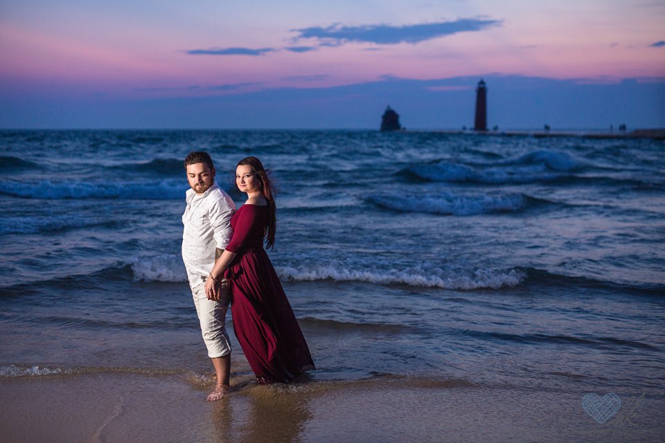 Grand Haven beach sunset engagement photographs